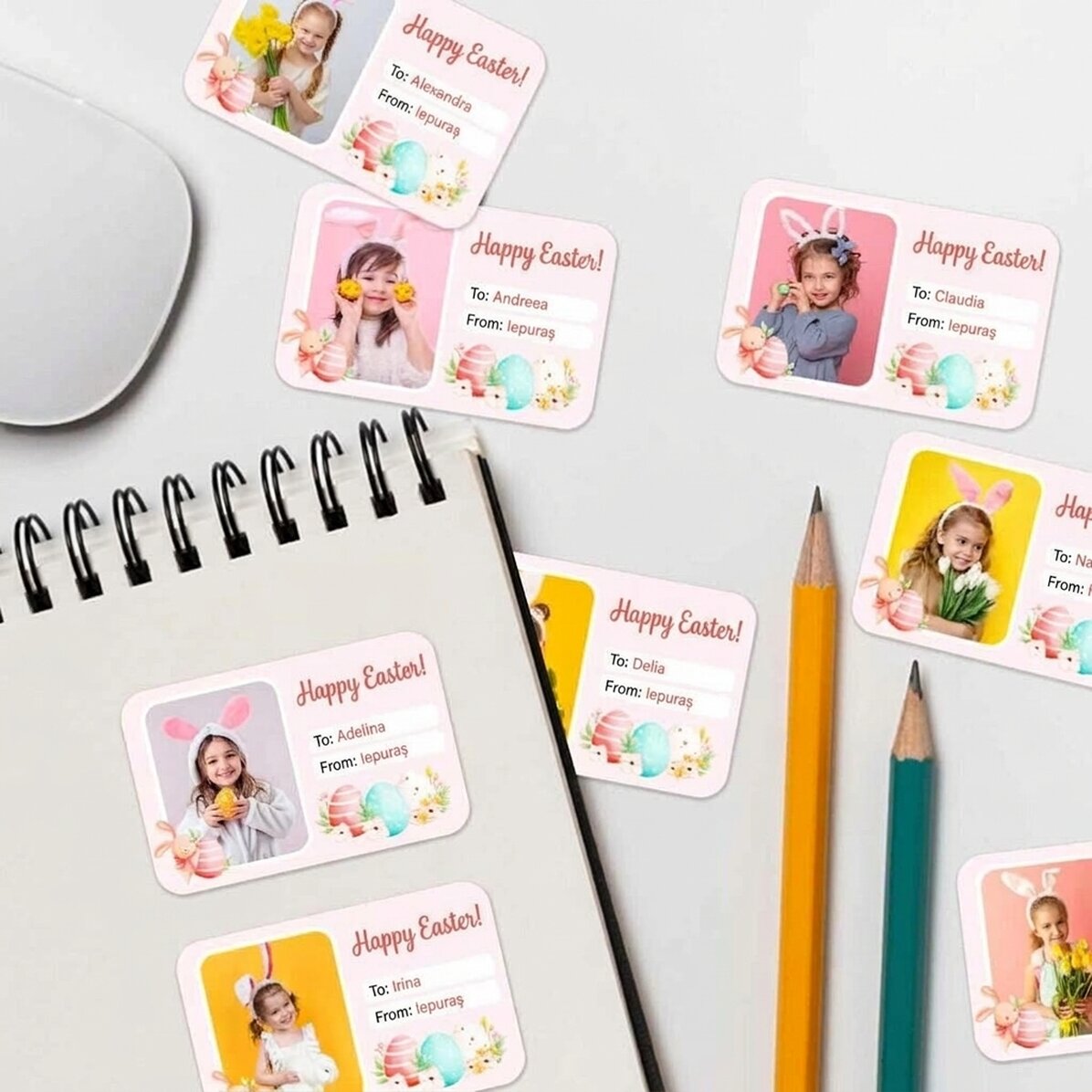 Lote de 8 pegatinas (etiquetas autoadhesivas) personalizadas con fotos y texto: ¡Felices Pascas!