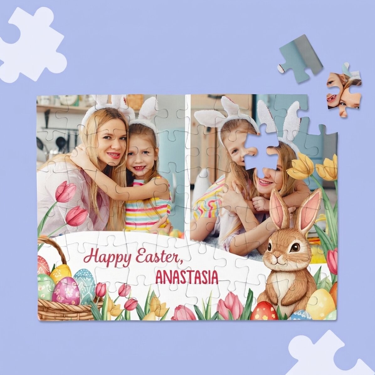 Rompecabezas personalizado con 2 fotos y un mensaje: «Feliz Pascua»
