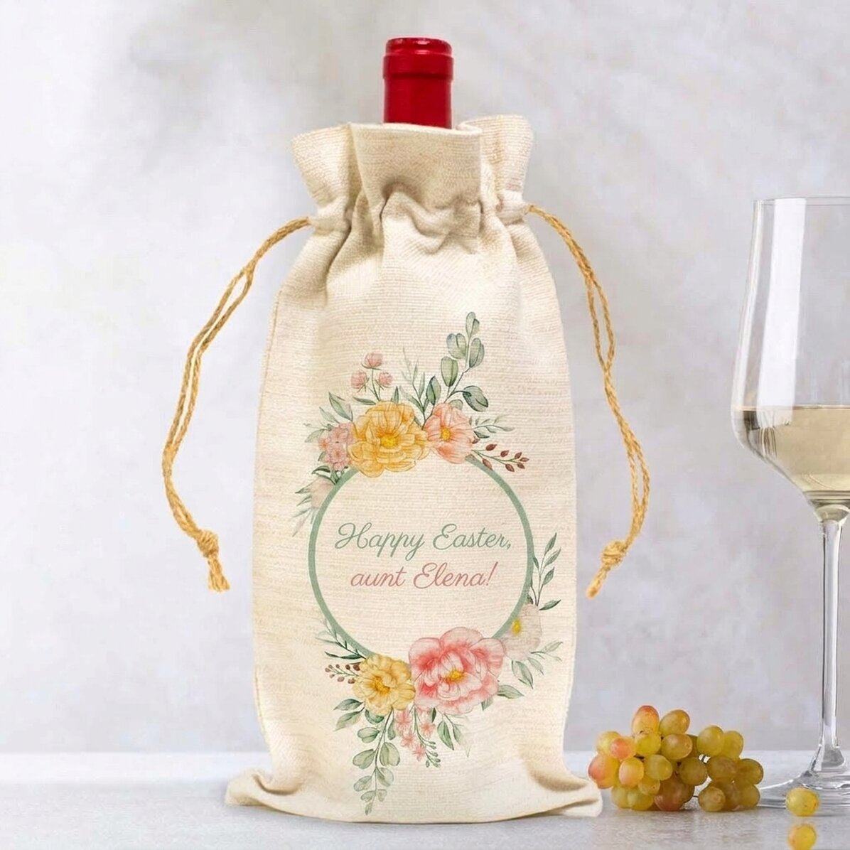 Bolsita personalizada para botella de vino con mensaje - Flores