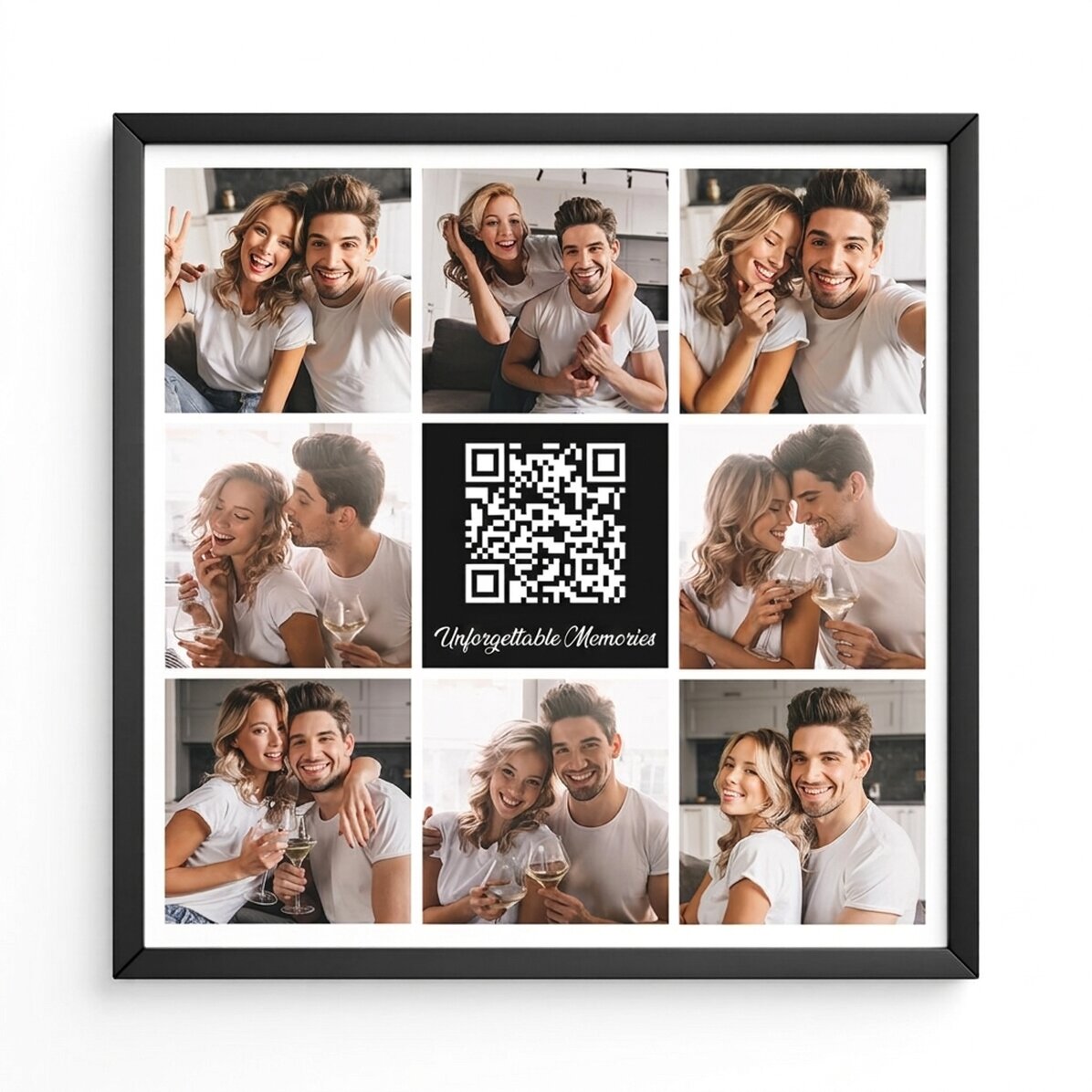 Cuadro personalizado con 8 fotos, código QR y texto
