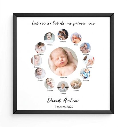 Cuadro personalizado con 13 fotos y texto: «Un año de felicidad»