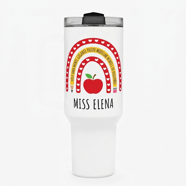 Taza termo con asa y pajita personalizada con nombre - Teacher
