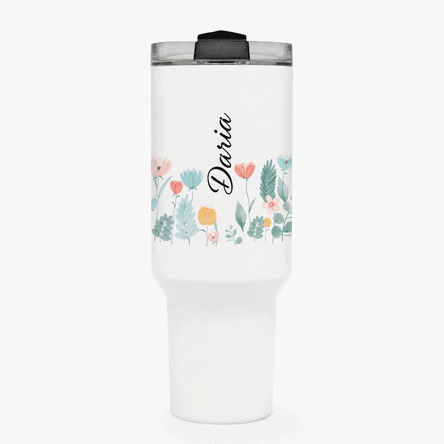 Taza termo con asa y pajita personalizada con nombre - Flowers