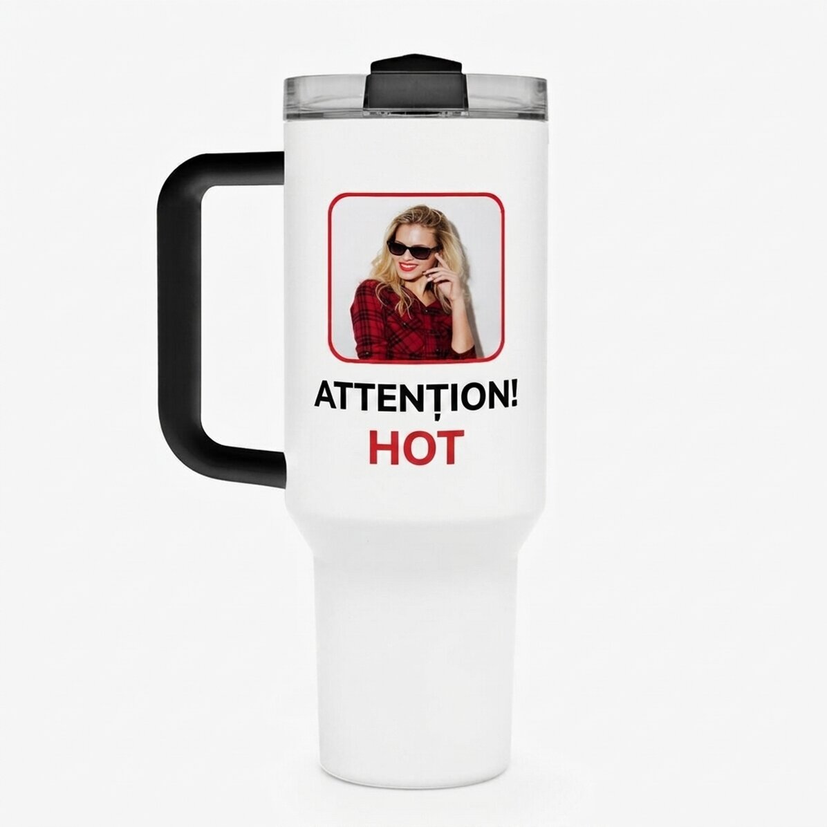 Taza termo con asa y pajita, personalizada con una foto y un texto - Fierbinte