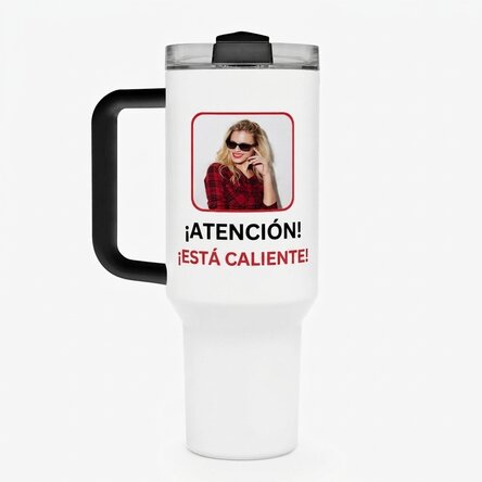 Taza termo con asa y pajita, personalizada con una foto y un texto - Fierbinte
