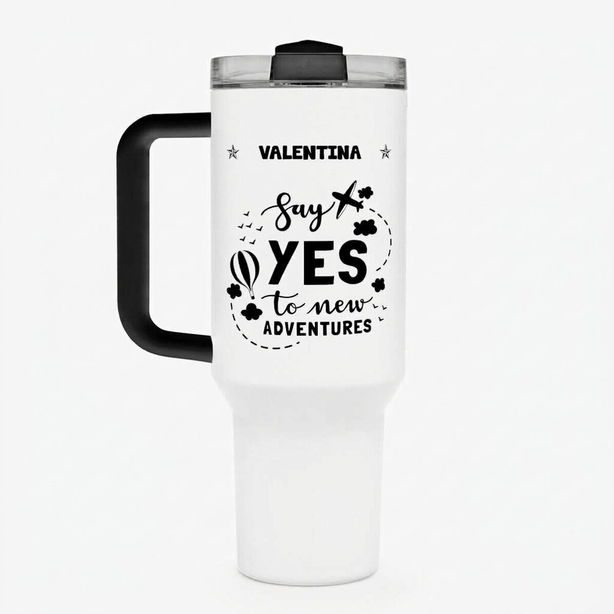 Taza termo con asa y pajita personalizada con nombre - New Adventures