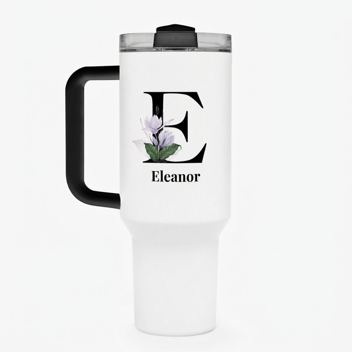 Taza termo con asa y pajita, personalizada con la inicial y el nombre