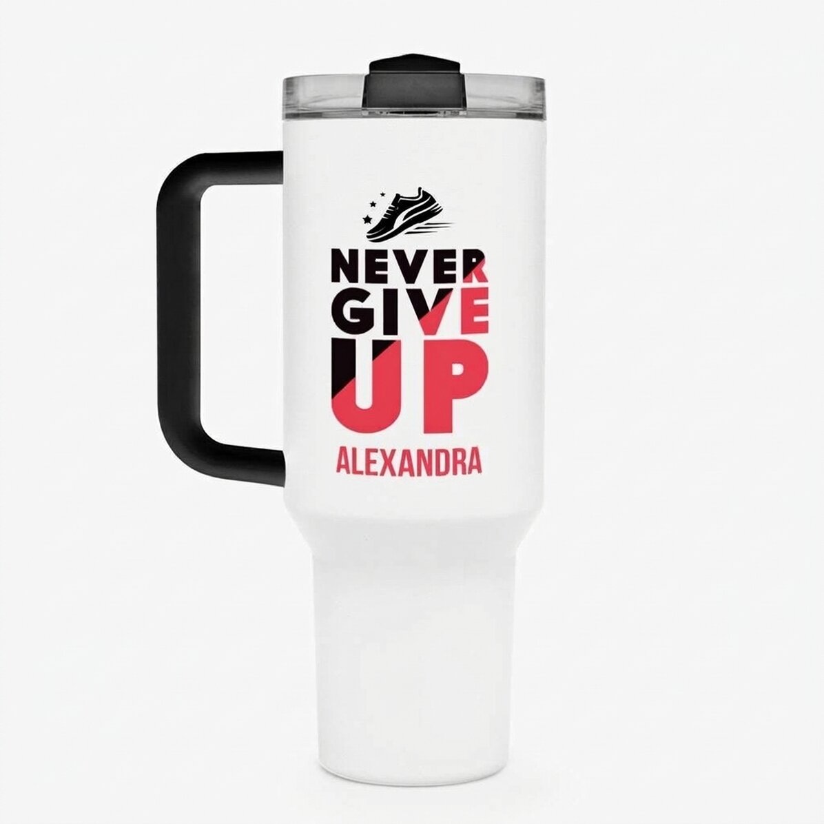 Taza térmica con asa y pajita personalizada con nombre - Never give up