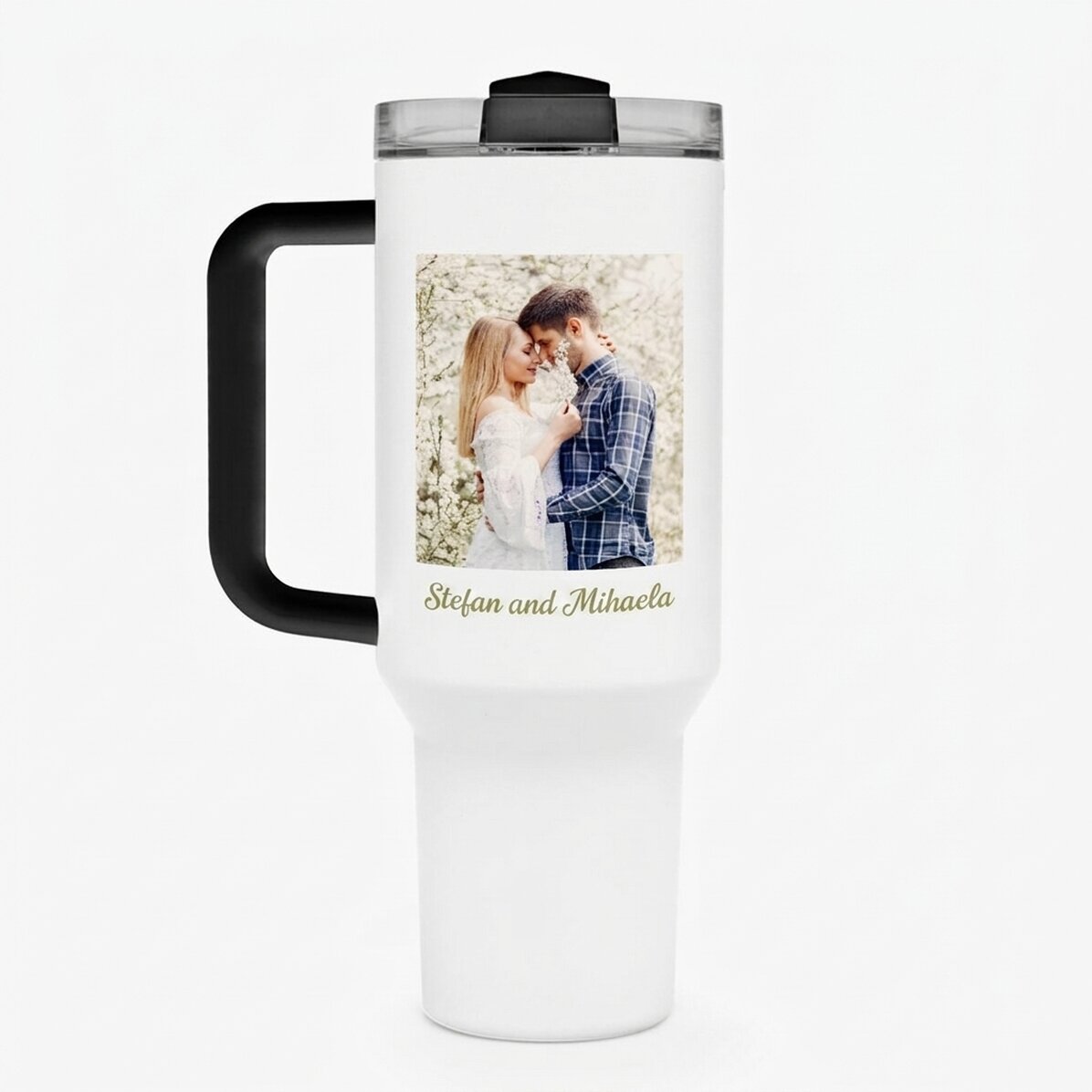 Taza termo con asa y pajita, personalizada con foto y nombre