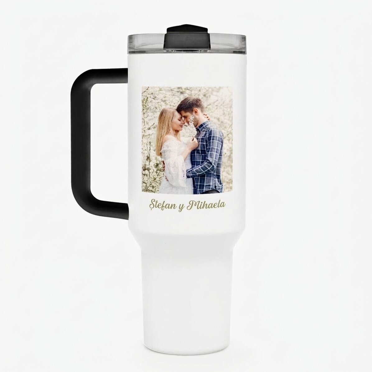 Taza termo con asa y pajita, personalizada con foto y nombre