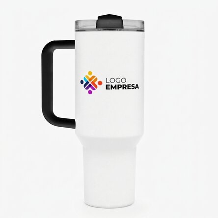 Taza termo con asa y pajita personalizada con logotipo