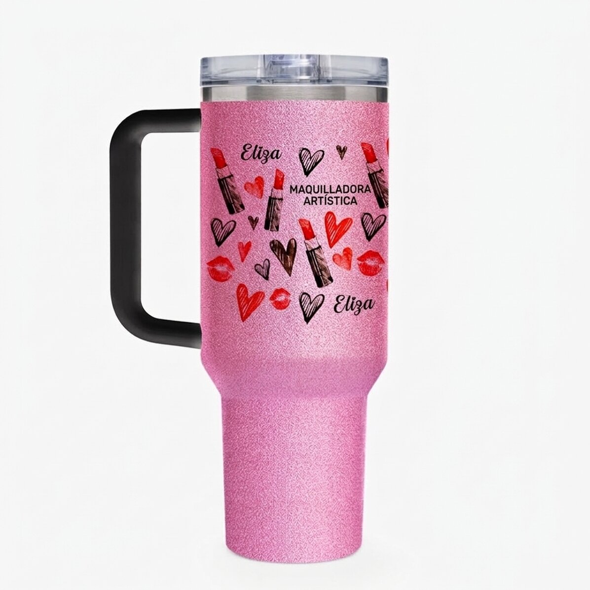 Taza termo con asa y pajita, personalizada con un mensaje - Maquilladora