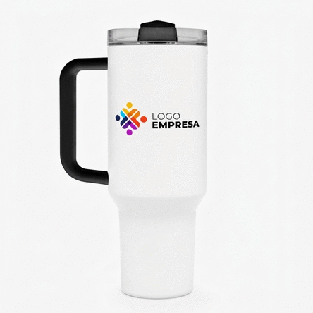 Taza termo con asa y pajita, personalizada con logotipo y nombre