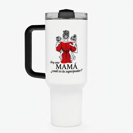 Taza termo con asa y pajita personalizada con un mensaje - Mom