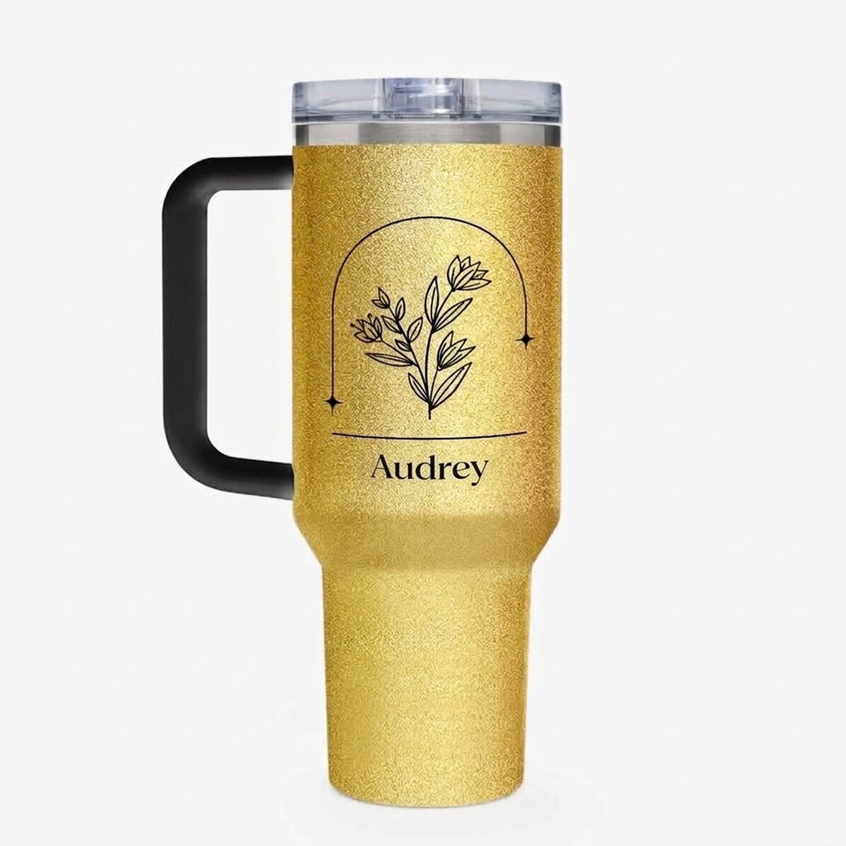 Taza termo con asa y pajita personalizada con nombre - Flor