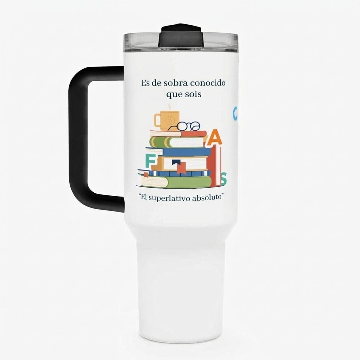 Taza termo con asa y pajita personalizada con un mensaje: «Profesor de rumano»