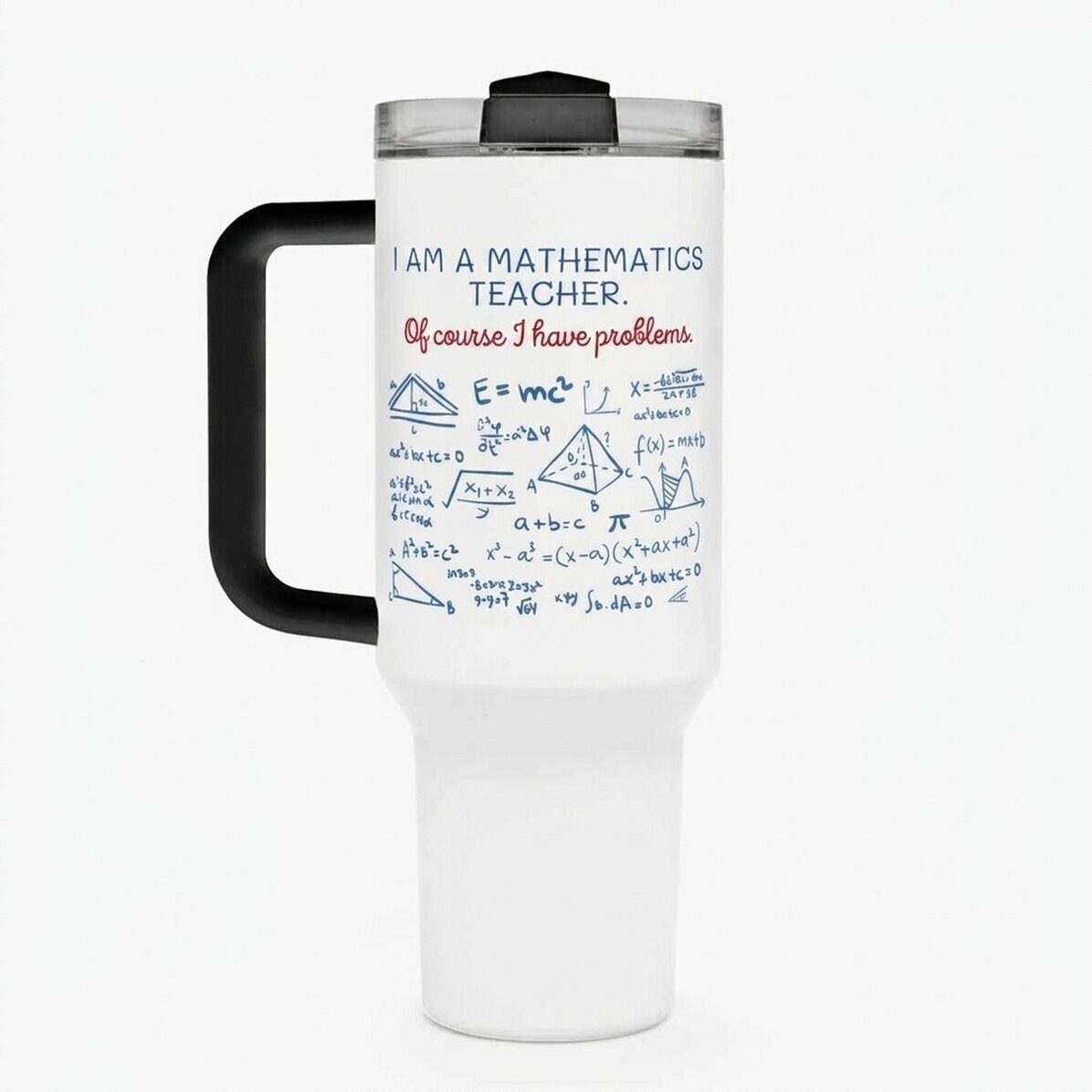 Taza termo con asa y pajita personalizada con un mensaje: «Profesor de matemáticas»