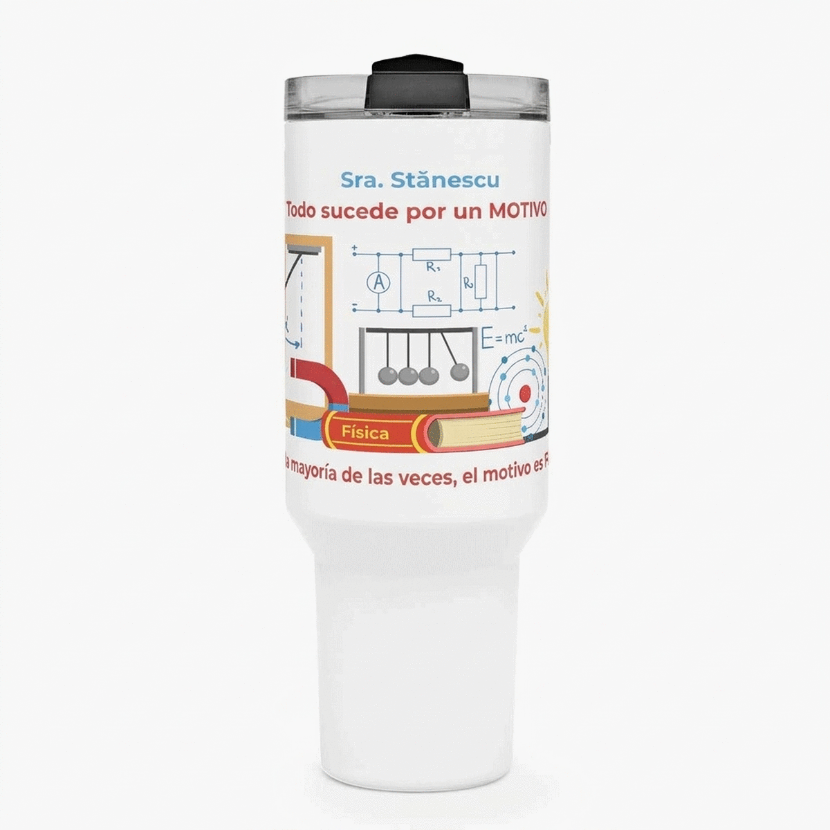 Taza termo con asa y pajita personalizada con un mensaje: «Profesora de Física»