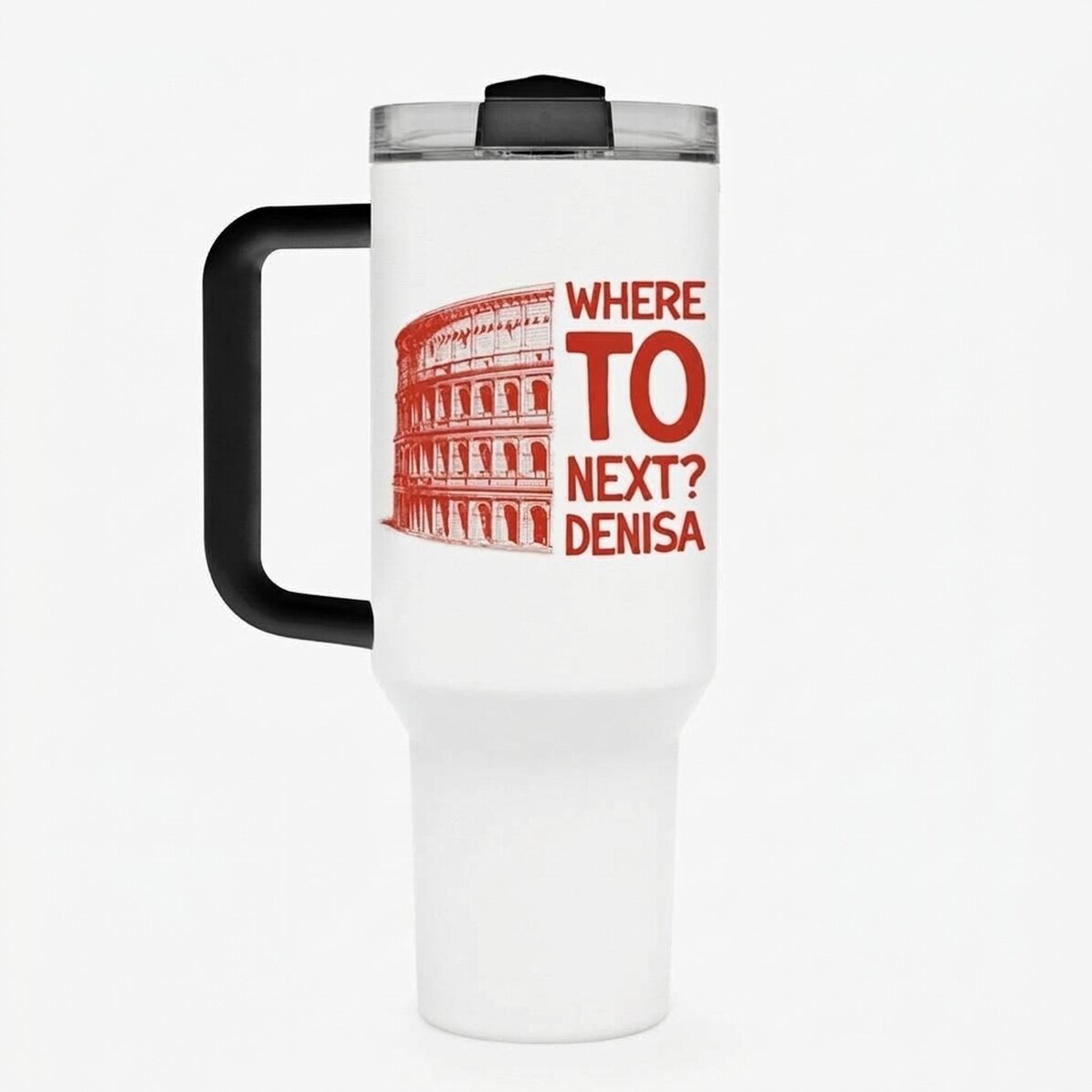 Taza termo con asa y pajita personalizada con el texto «Where to next?»