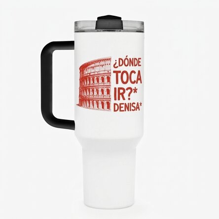 Taza termo con asa y pajita personalizada con el texto «Where to next?»