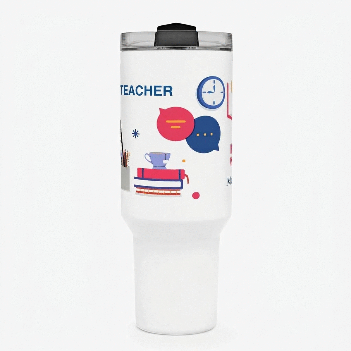 Taza termo con asa y pajita personalizada con un mensaje: «Profesora de inglés»