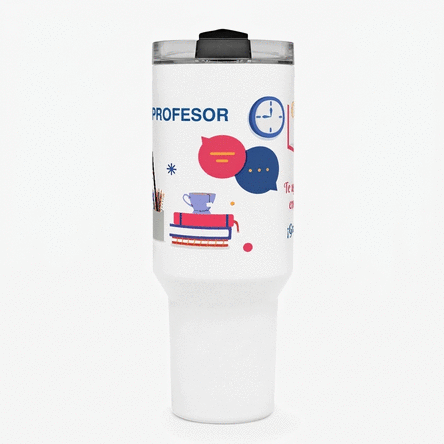 Taza termo con asa y pajita personalizada con un mensaje: «Profesora de inglés»