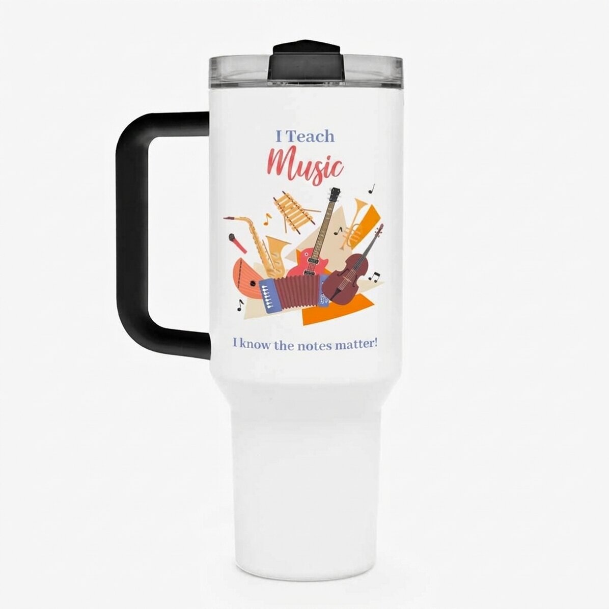 Taza térmica con asa y pajita personalizada con un mensaje: «Profesora de Educación Musical»