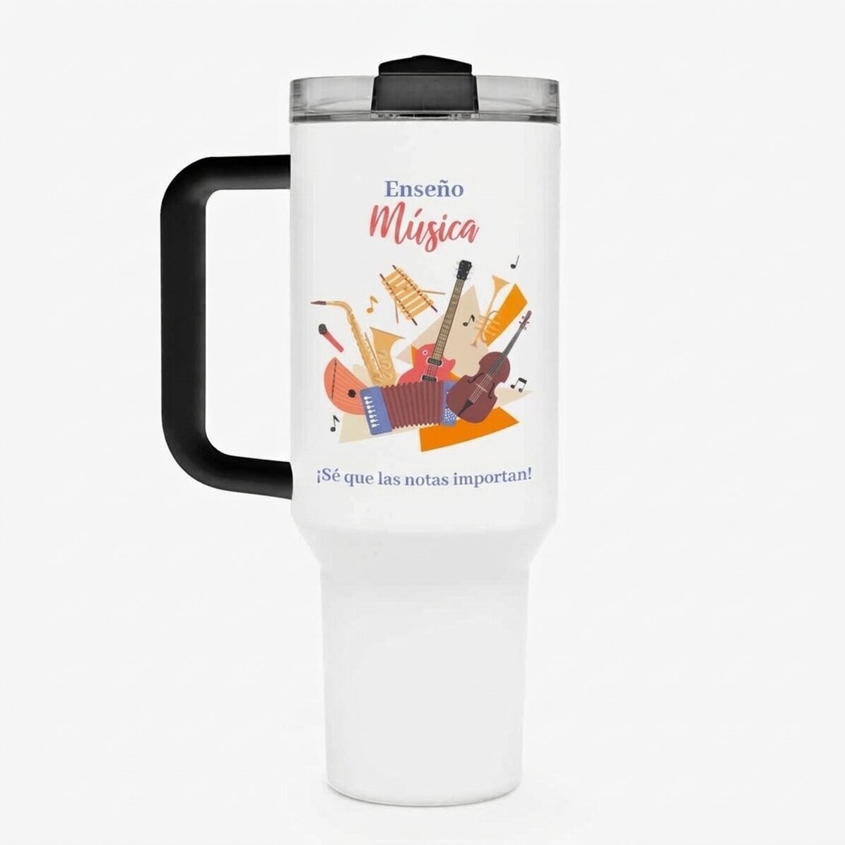 Taza termo con asa y pajita personalizada con un mensaje: «Profesora de Educación Musical»