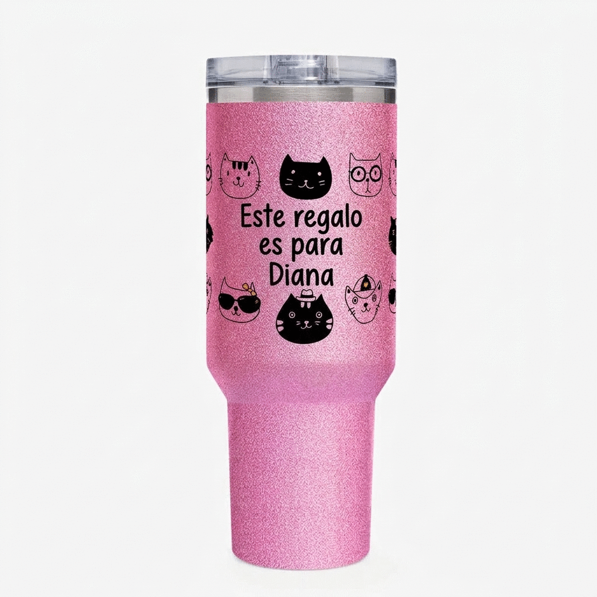 Taza termo con asa y pajita personalizada con nombre - Gatos