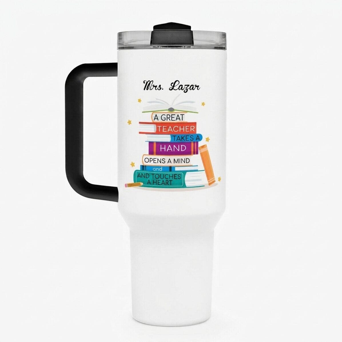 Taza térmica con asa y pajita, personalizada con un mensaje - Books