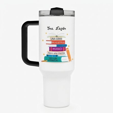 Taza termo con asa y pajita, personalizada con un mensaje - Books