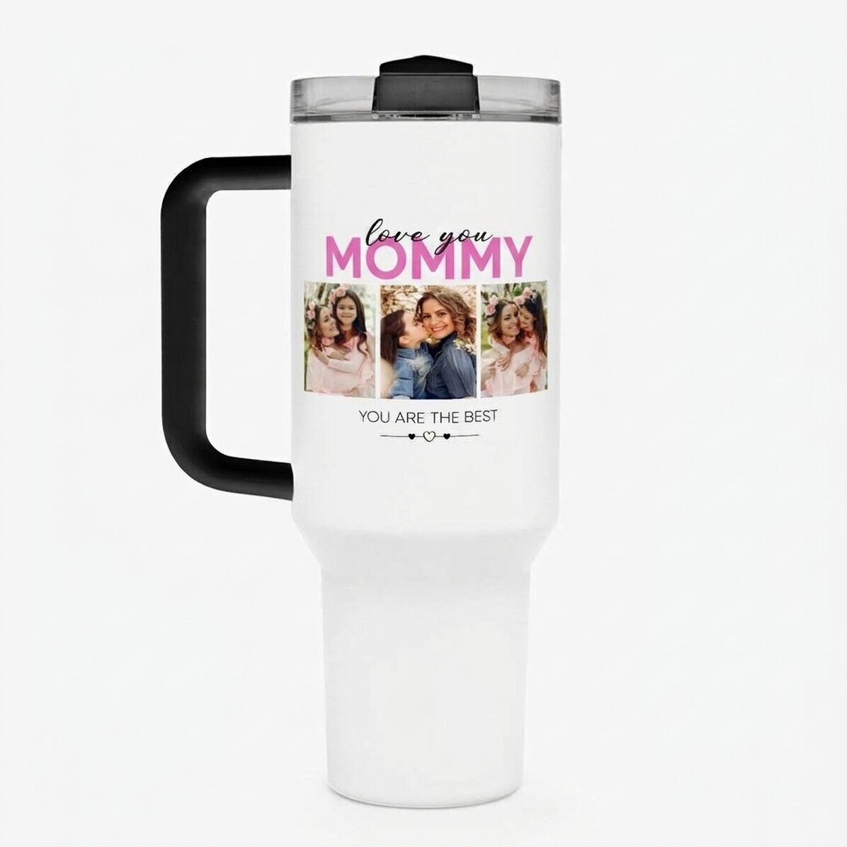 Taza termo con asa y pajita, personalizada con 6 fotos y un texto - With love