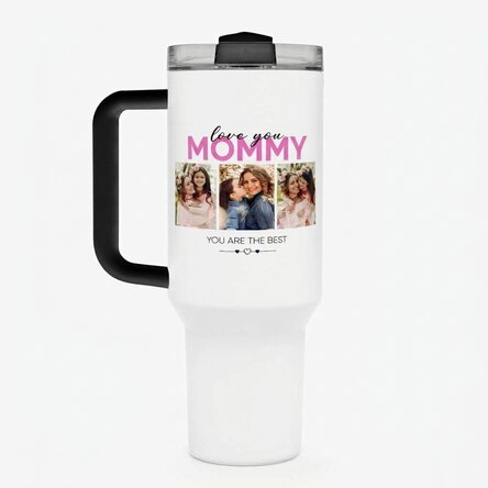 Taza termo con asa y pajita, personalizada con 6 fotos y un texto - With love