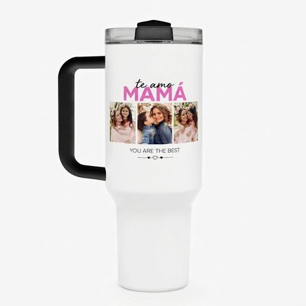 Taza termo con asa y pajita, personalizada con 6 fotos y un texto - With love