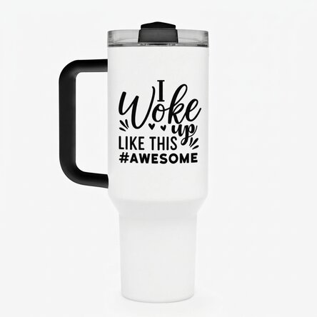 Taza termo con asa y pajita personalizada con el texto «Woke up like this»