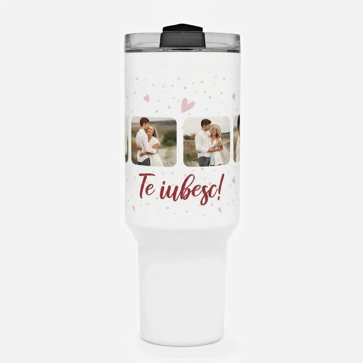 Taza termo con asa y pajita, personalizada con 6 fotos y texto - Celebrate love