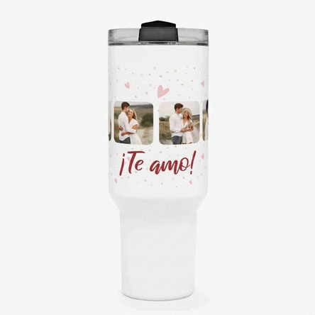 Taza termo con asa y pajita, personalizada con 6 fotos y texto - Celebrate love