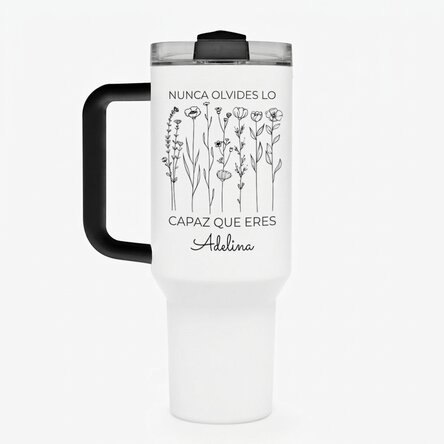 Taza termo con asa y pajita, personalizada con texto - Flowers