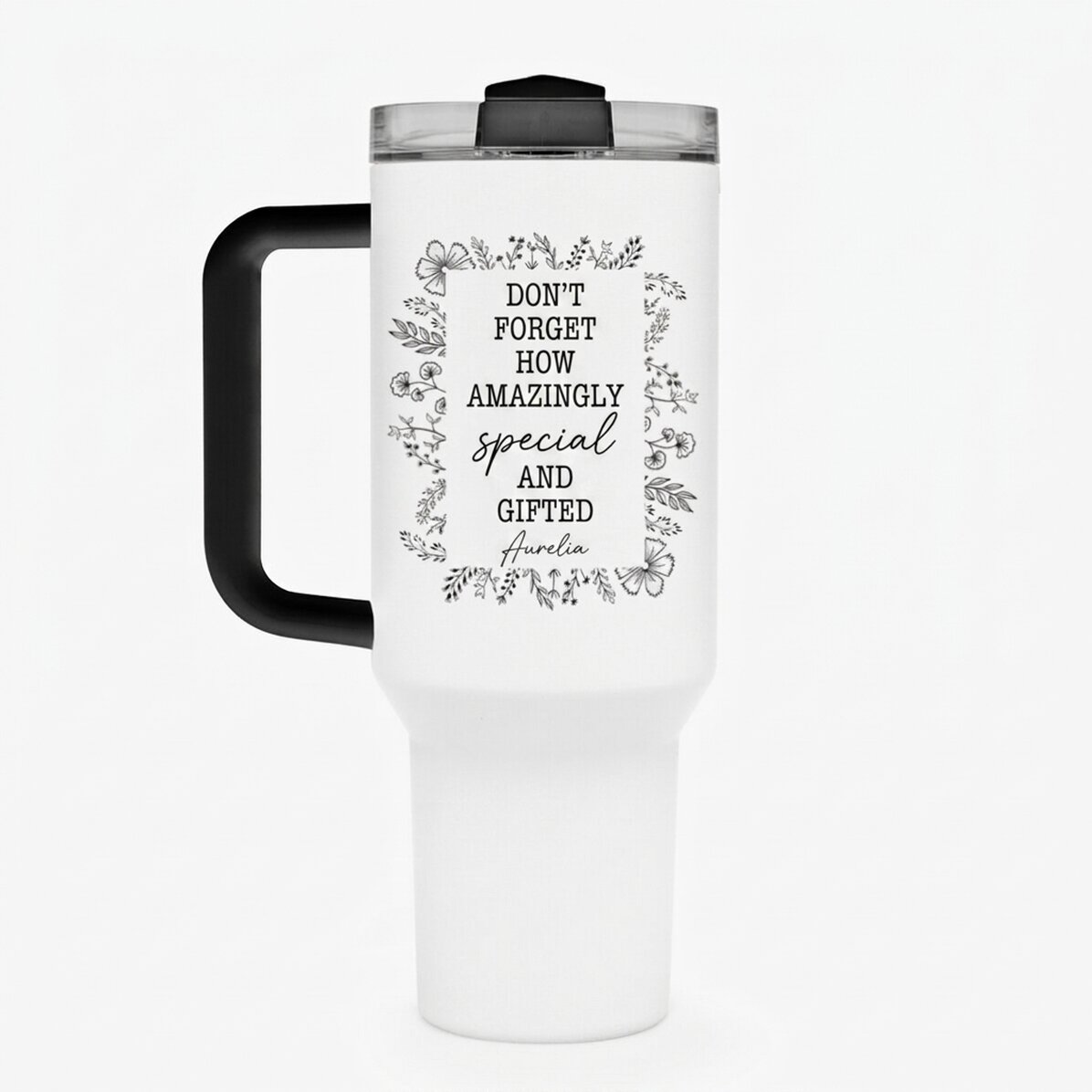 Taza termo con asa y pajita, personalizada con texto - Marco de flores