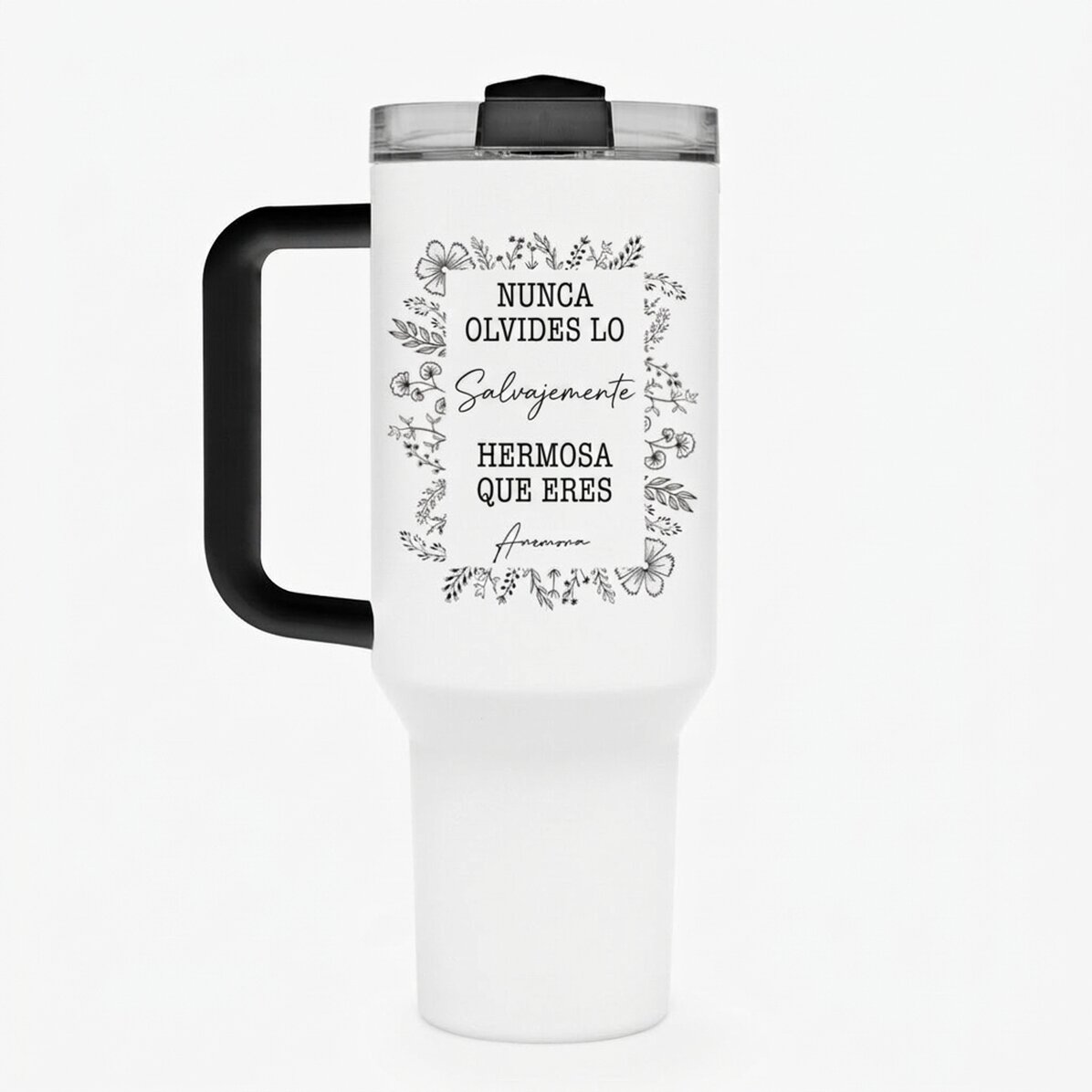 Taza termo con asa y pajita, personalizada con texto - Marco de flores