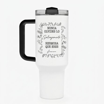 Taza termo con asa y pajita, personalizada con texto - Marco de flores