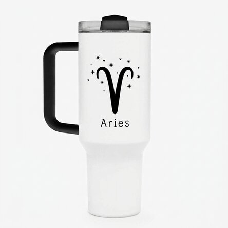 Taza termo con asa y pajita personalizada con texto: Signo del Aries