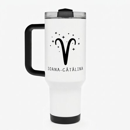 Taza termo con asa y pajita personalizada con texto: Signo del Aries