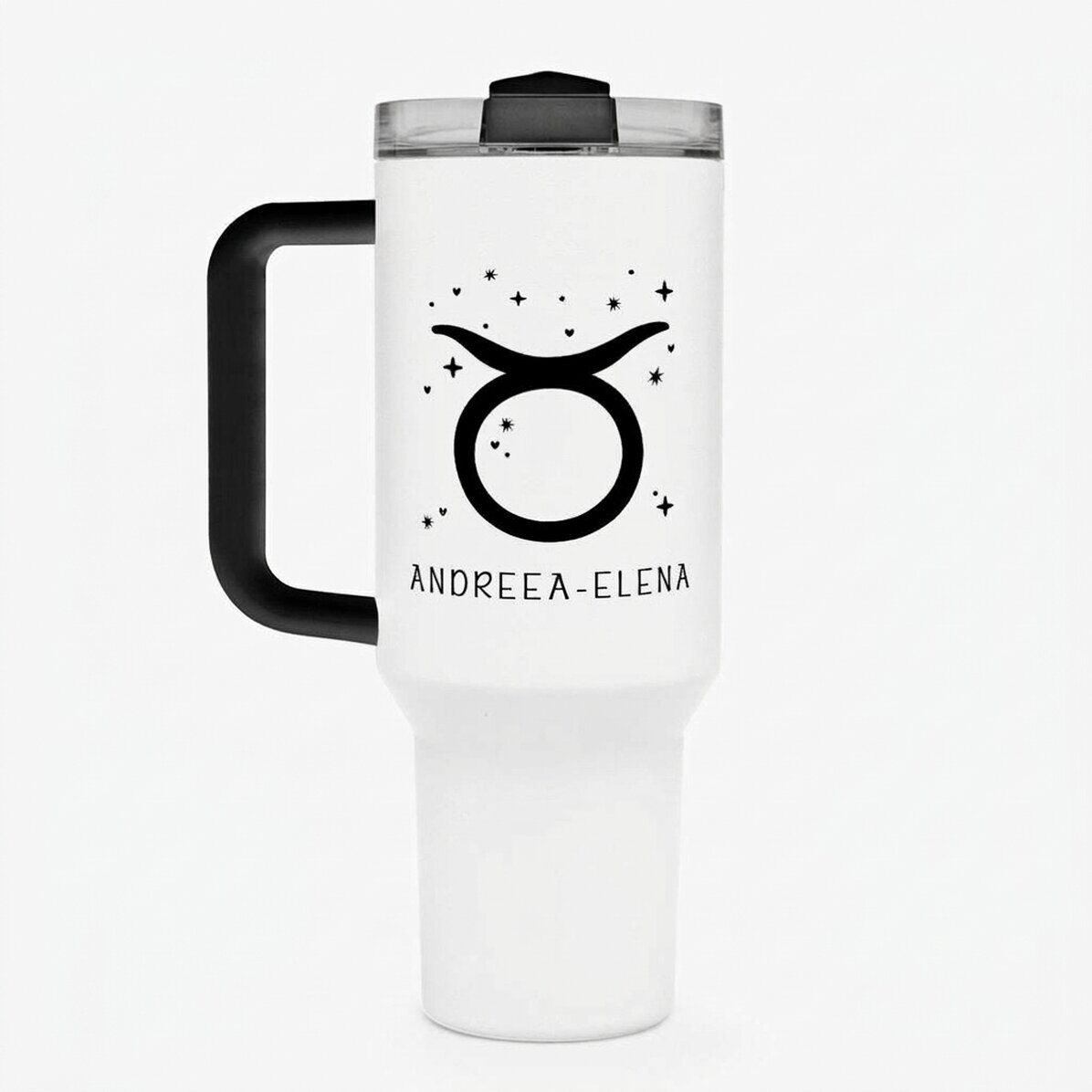 Taza termo con asa y pajita personalizada con texto: el signo del Tauro