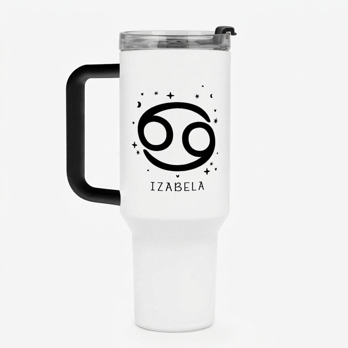 Taza termo con asa y pajita personalizada con texto: el signo del Cáncer