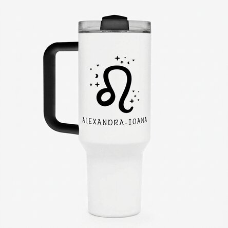 Thermos mug with handle and straw, personalised with text - Leo Zodiac Sign