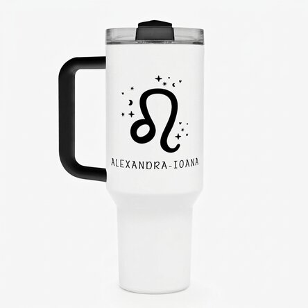 Taza termo con asa y pajita personalizada con texto - Signo del Leo