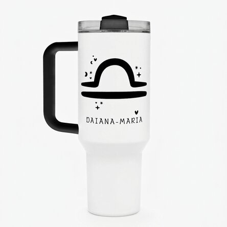 Taza termo con asa y pajita personalizada con texto - Signo del Zodiaco: Libra