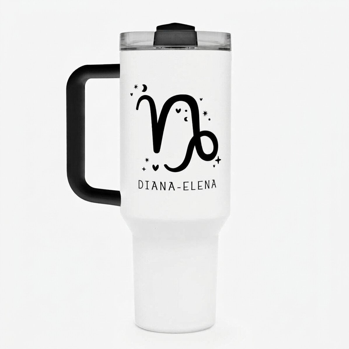 Taza termo con asa y pajita personalizada con texto: el signo del zodiaco Capricornio