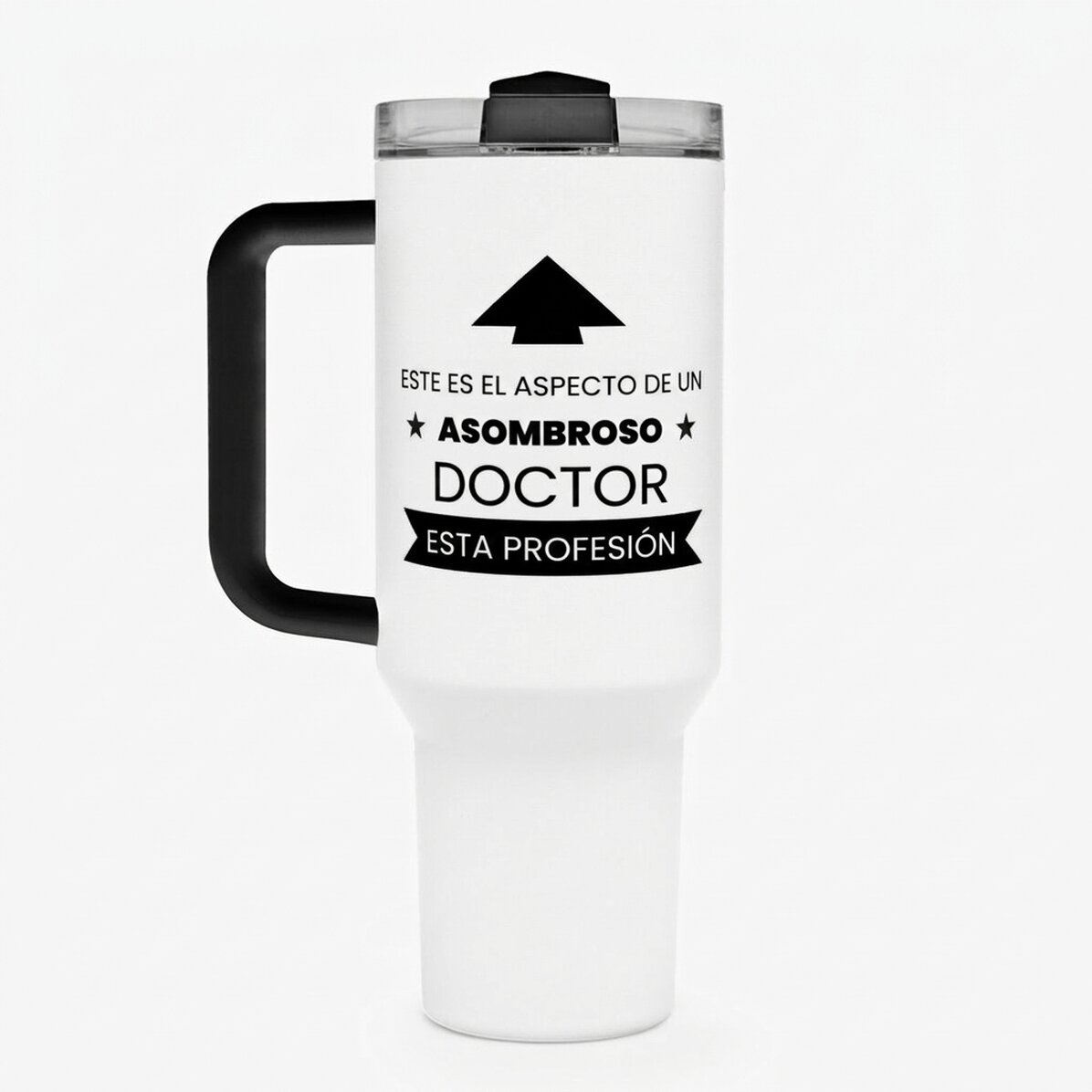 Taza termo con asa y pajita personalizada con texto: así es como se ve